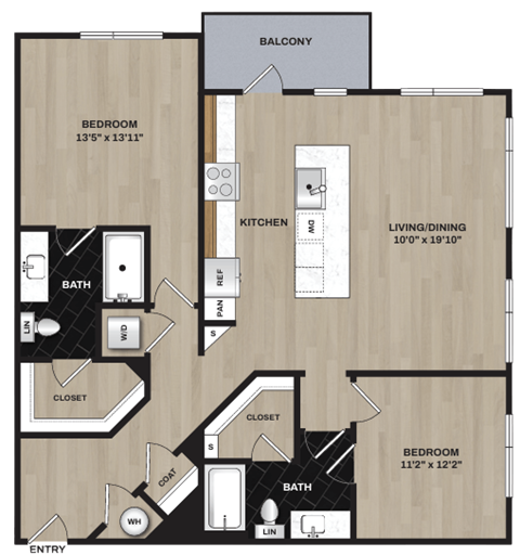 Floor plan for 2 beds, 2 baths, 1244 sqft